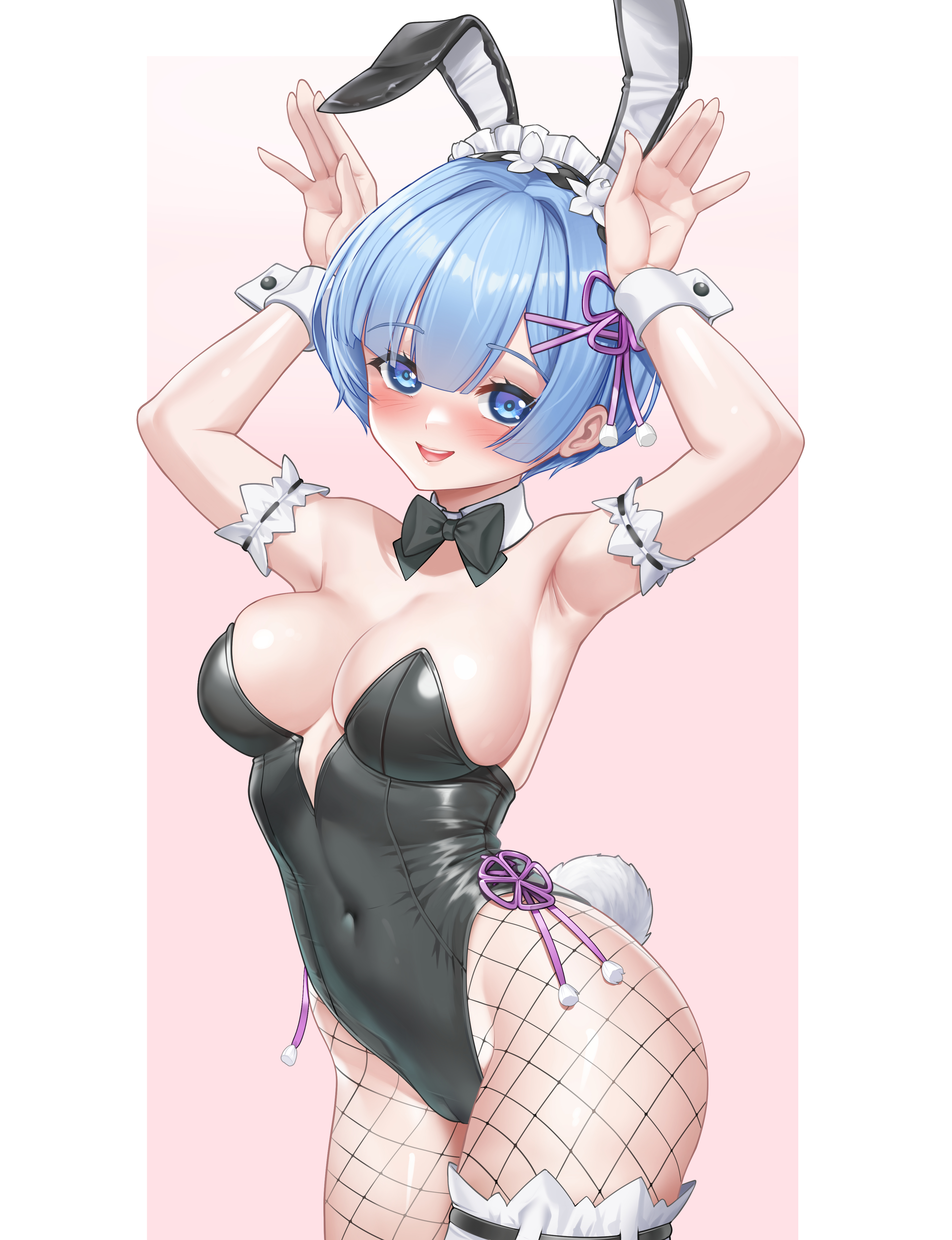 washout008, rem (re:zero), re:zero kara hajimeru isekai seikatsu, absurdres, commentary, highres, 1girl, animal ear hairband, animal ears, armband, armpits, black bow, black bowtie, black leotard, blue eyes, blue hair, blush, border, bow, bowtie, breasts, covered navel, cowboy shot, detached collar, fake animal ears, fake tail, fishnet pantyhose, fishnets, frilled armband, frills, hair ribbon, hairband, leotard, maid headdress, medium breasts, open mouth, outside border, pantyhose, pillarboxed, pink background, playboy bunny, purple ribbon, rabbit ear hairband, rabbit ears, rabbit pose, rabbit tail, ribbon, short hair, smile, solo, strapless, strapless leotard, tail, thigh strap, white border, white wrist cuffs, wrist cuffs