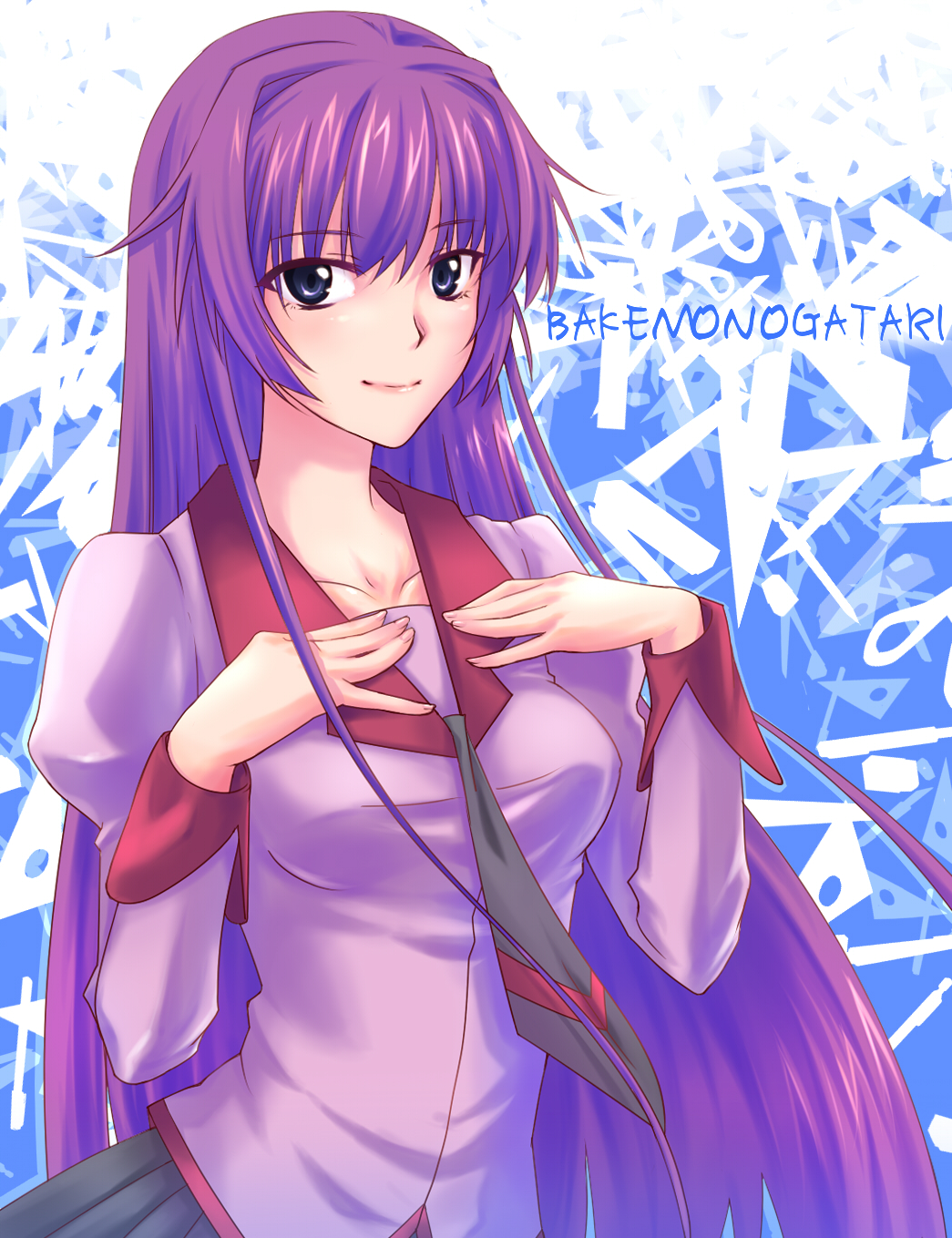 prime (prime tw), senjougahara hitagi, bakemonogatari, monogatari (series), bad id, bad pixiv id, highres, 00s, 1girl, blue eyes, breasts, female focus, long hair, necktie, purple hair, school uniform, skirt, solo, very long hair