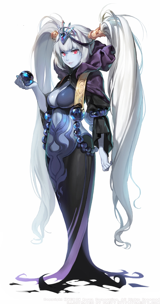 caesty, nexon, tales weaver, commentary request, korean commentary, official art, arm at side, artist name, beads, black shrug, black skirt, black sleeves, blue skin, breasts, cleavage, clothing cutout, colored skin, company name, copyright notice, cyanos, dated commentary, english text, full body, hair tubes, headpiece, holding orb, lips, long hair, long skirt, medium breasts, monster girl, navel, navel cutout, production art, purple hood, red eyes, shrug (clothing), simple background, skirt, smile, three-quarter sleeves, twintails, very long hair, watermark, web address, white background, white hair