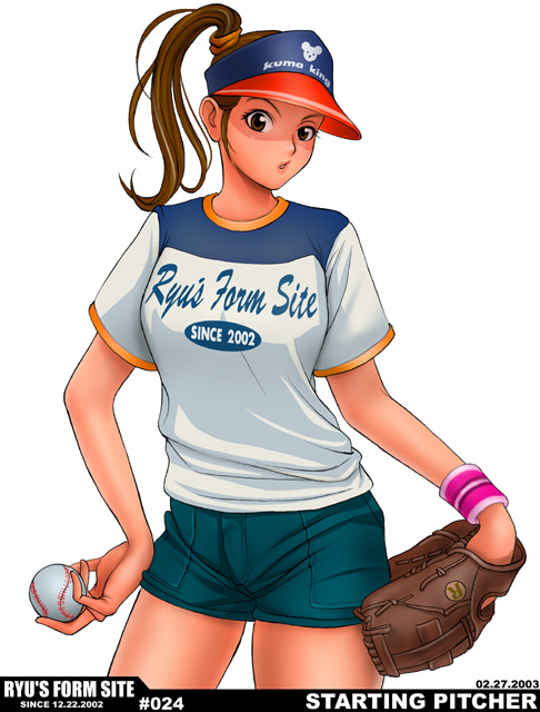 ryu (ryu's form site), 1girl, baseball, baseball cap, brown hair, female focus, hat, ponytail, solo, white background