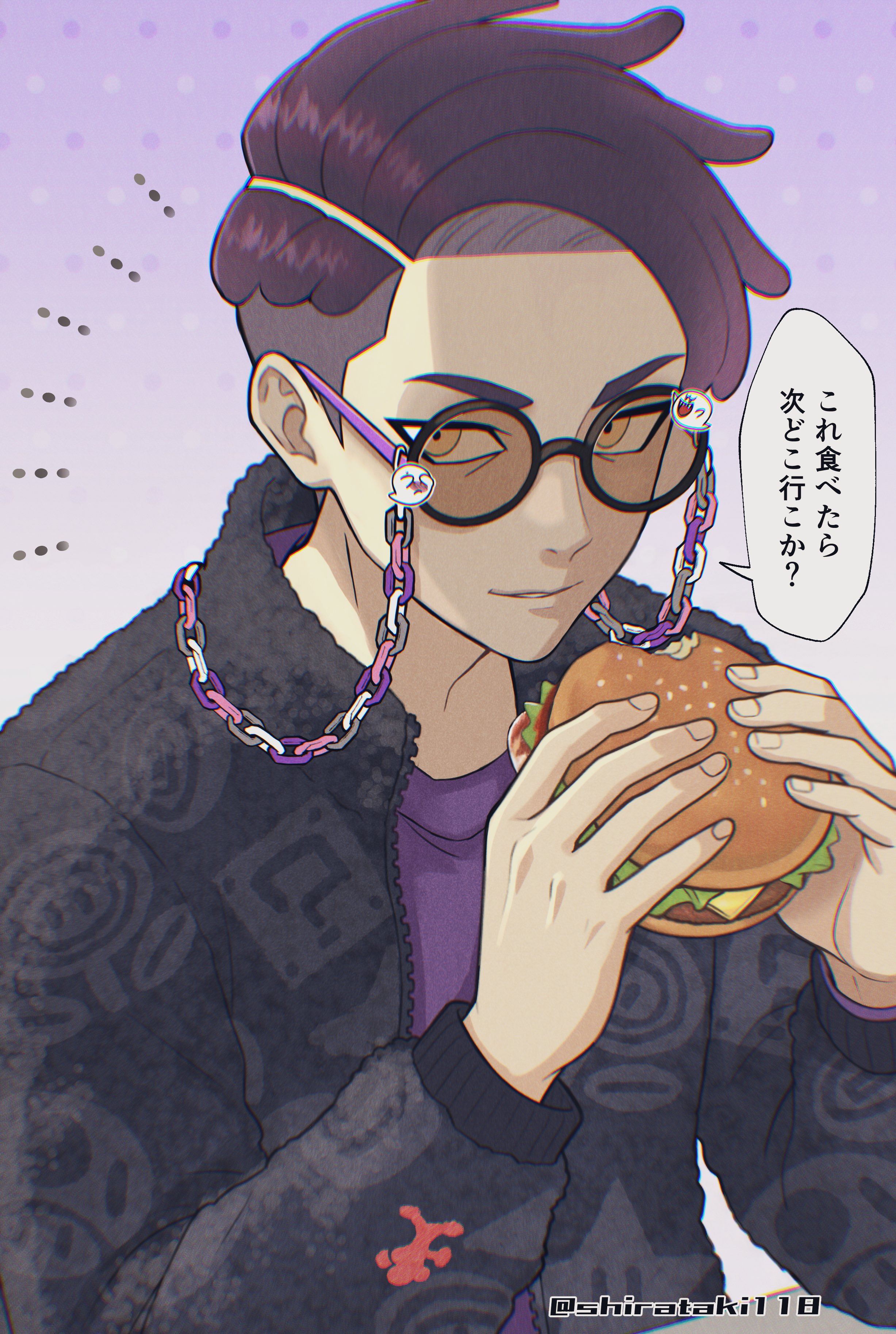 shirataki118, corbeau (pokemon), nintendo, pokemon, pokemon legends: z-a, absurdres, commentary request, highres, translation request, 1boy, black jacket, burger, closed mouth, crew neck, food, holding, holding burger, holding food, jacket, long sleeves, looking to the side, male focus, parted hair, print jacket, purple hair, purple shirt, round eyewear, shirt, smile, solo, speech bubble, sunglasses, twitter username, unzipped, yellow eyes
