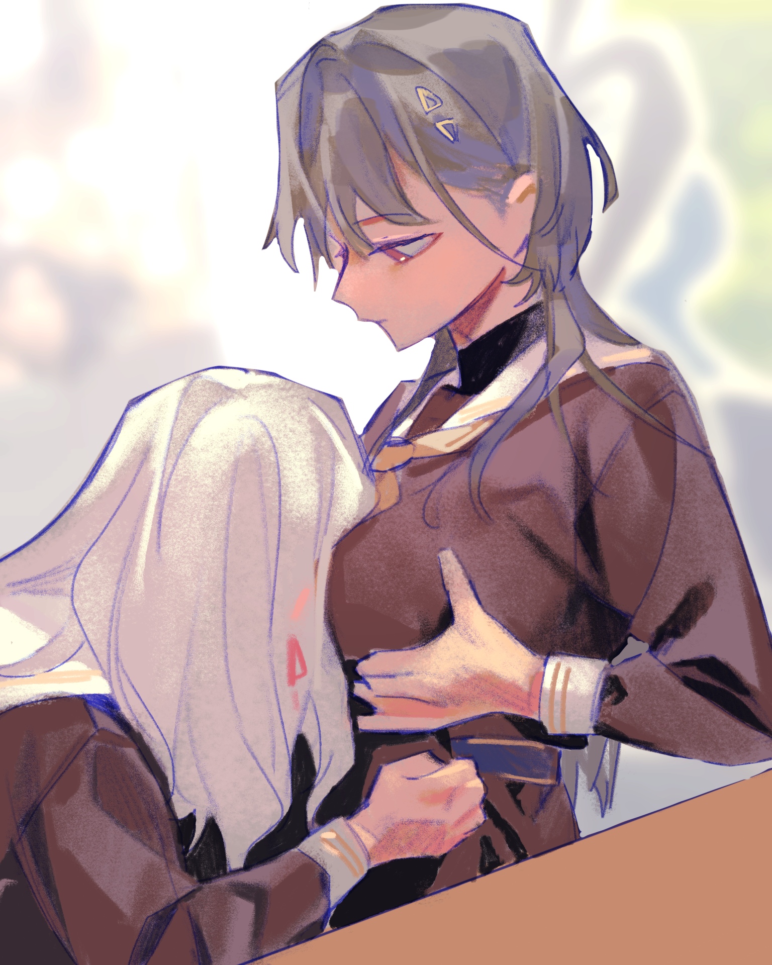 pipi (m1x mix), ceras yanagida lilienfeld, katsuragi izumi, link! like! love live!, love live!, commentary, highres, 2girls, between breasts, breasts, brown dress, closed mouth, dress, face between breasts, grabbing own breast, grey hair, hair ornament, hair ribbon, hasu no sora school uniform, head between breasts, jellyfish cut, long hair, long sleeves, multiple girls, neckerchief, pink eyes, pink ribbon, profile, ribbon, sailor collar, sailor dress, school uniform, triangle hair ornament, turtleneck, virtual youtuber, white sailor collar, winter uniform, yellow neckerchief, yuri