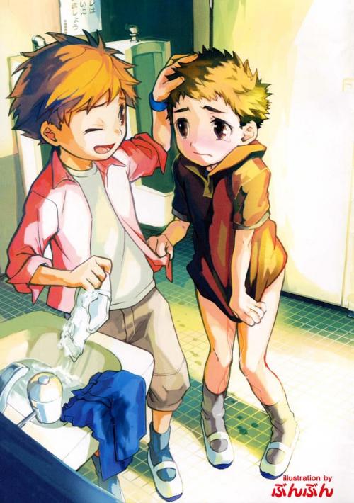 bunbun, tagme, 2boys, ;d, accident, artist name, bathroom, blue shorts, blue socks, blush, brown hair, brown hoodie, embarrassed, friends, grey socks, headpat, hood, hoodie, indoors, japanese text, male focus, male underwear, multiple boys, one eye closed, open mouth, peeing, pink shirt, shirt, shoes, short hair, shorts, shota, sink, smile, socks, tearing up, tears, tile floor, tiles, toilet, toilet stall, underwear, unworn shorts, unworn underwear, urinal, water, white male underwear, white shirt