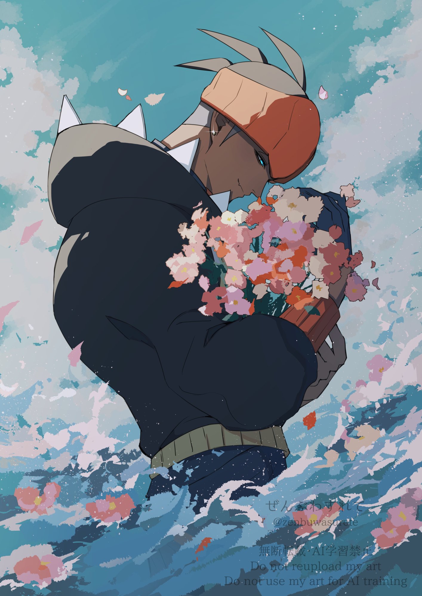 zenbuwasurete, raihan (pokemon), nintendo, pokemon, pokemon swsh, commentary request, highres, 1boy, aqua eyes, belt, black hair, black hoodie, blue pants, closed mouth, cloud, cloudy sky, dark-skinned male, dark skin, earrings, fang, flower, headband, holding, hood, hood down, hoodie, jewelry, long sleeves, male focus, orange headband, outdoors, pants, piercing, pink flower, sideburns, skin fang, sky, smile, solo, stud earrings, watermark