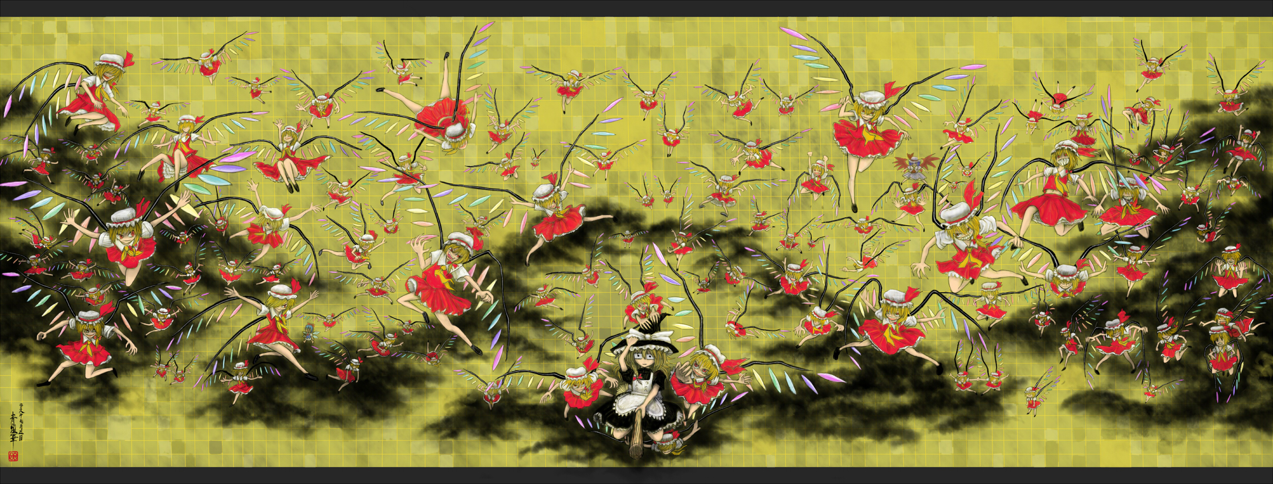 aouji, cirno, flandre scarlet, kirisame marisa, remilia scarlet, touhou, highres, long image, wide image, 6+girls, blonde hair, broom, clone, darkness, grid, hat, multiple girls, o o, slit pupils, wings, witch, witch hat