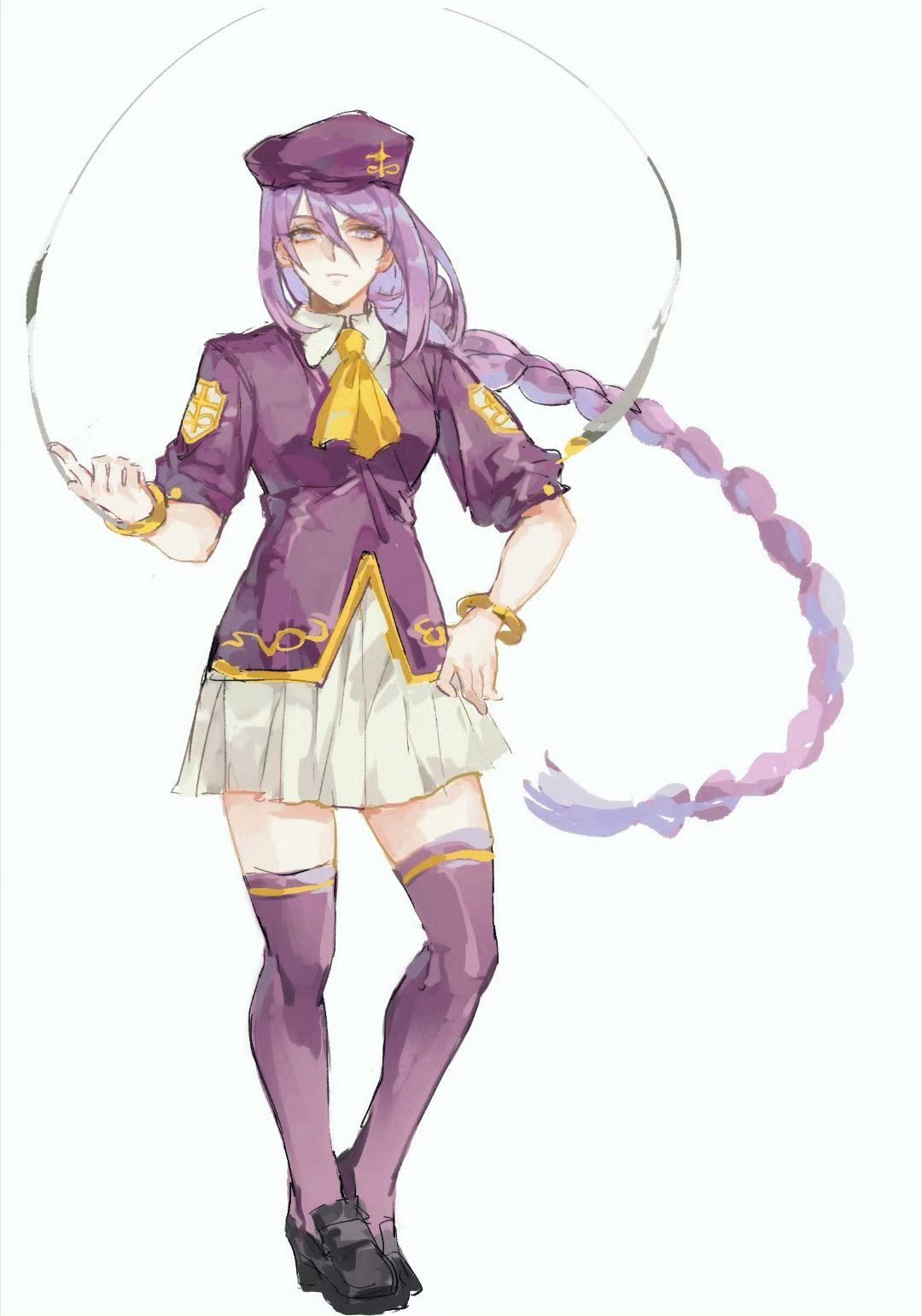 rong301718, sion eltnam (type-moon), sion eltnam atlasia, melty blood, tsukihime, chinese commentary, commentary request, highres, 1girl, ascot, black shoes, bracelet, braid, braided ponytail, collared shirt, full body, hand on own hip, jewelry, long hair, pleated skirt, purple eyes, purple hair, purple shirt, purple thighhighs, shirt, shoes, short sleeves, simple background, single braid, skirt, solo, thighhighs, very long hair, white shirt, white skirt, yellow ascot