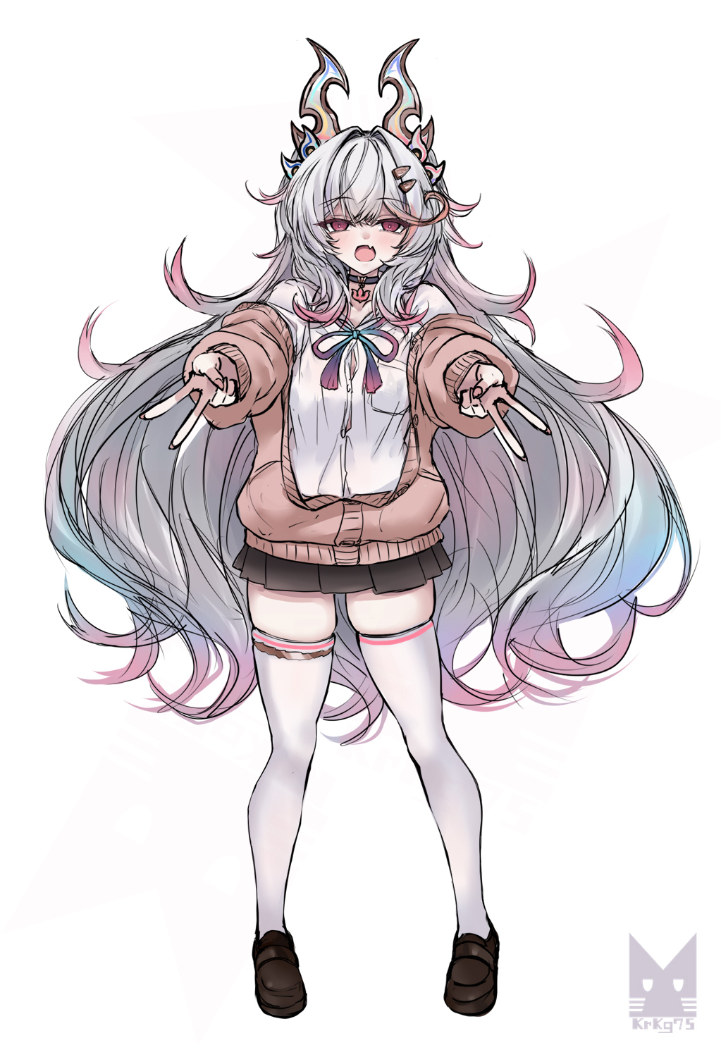 kurokage, baki (duel masters), duel masters, highres, 1girl, aqua hair, artist logo, black collar, black skirt, brown cardigan, brown shoes, cardigan, cardigan partially removed, collar, double v, fang, gradient hair, grey hair, hair ornament, horns, logo, long hair, miniskirt, multicolored hair, neck ribbon, open cardigan, open clothes, open mouth, pink eyes, pink hair, ribbon, shirt, shoes, skirt, solo, thighhighs, v, white background, white shirt, white thighhighs