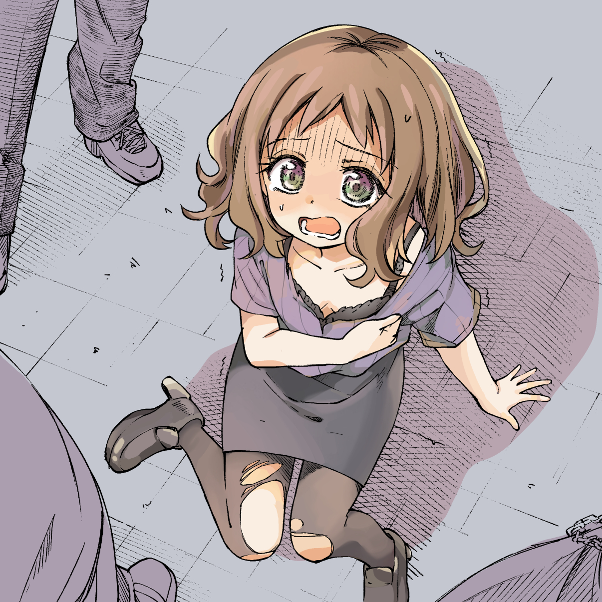 fukaku-tei, amanatsu konami, make heroine ga oo sugiru!, commentary request, highres, 1girl, 3boys, arm support, black bra, bra, bra peek, breasts, brown eyes, brown hair, chain, cleavage, gloom (expression), high heels, loafers, lower teeth only, multiple boys, on floor, pantyhose, pencil skirt, petite, purple shirt, school uniform, shirt, shoes, short hair, short sleeves, skirt, small breasts, small sweatdrop, sneakers, surrounded, teacher, teacher and student, teeth, torn clothes, torn pantyhose, trembling, underwear, wavy hair, wavy mouth