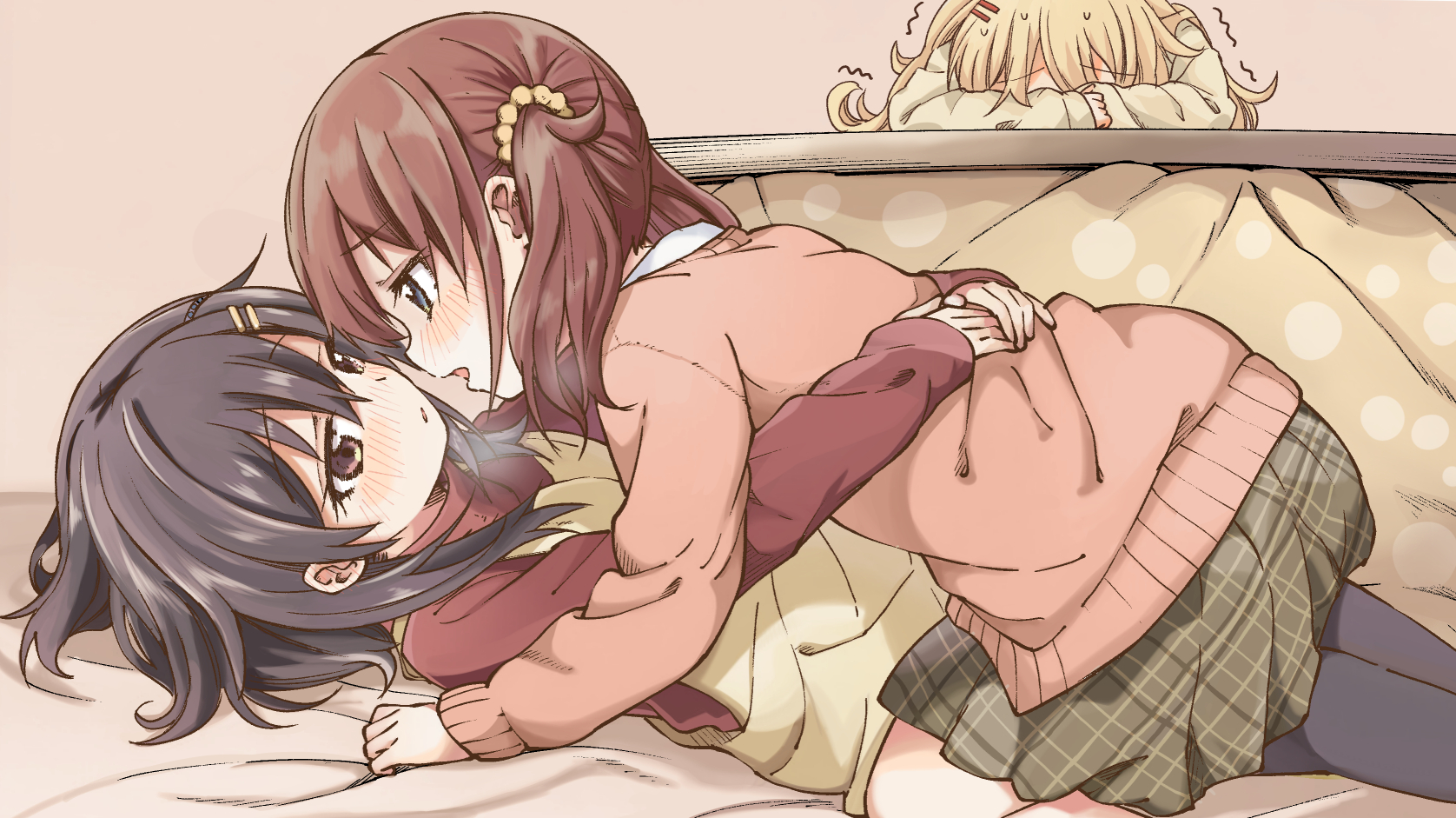 fukaku-tei, furutachi kurea, hoshi nana, kawai mako, hibi wa sugiredo meshi umashi, commentary request, highres, 3girls, black hair, brown hair, covered face, girl on top, hair ornament, hairclip, hands on another's back, hug, imminent kiss, kotatsu, multiple girls, open mouth, parted lips, pink sweater, plaid clothes, plaid skirt, polka dot blanket, profile, purple eyes, skirt, sweat, sweater, table, trembling, turtleneck, twintails, yuri