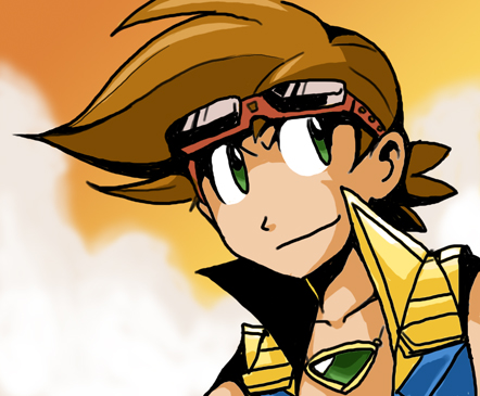 captainosaka, amami mamoru, gaogaigar, simon (ttgl), tengen toppa gurren lagann, yuusha ou gaogaigar, yuusha series, lowres, 1boy, brown hair, cloud, crossover, goggles, green eyes, jewelry, male focus, mamoru (gaogaigar), necklace, outdoors, parody, portrait, sky, solo, vest