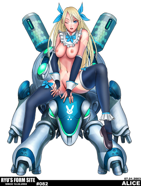ryu (ryu's form site), 1girl, blonde hair, blue eyes, breasts, bridal gauntlets, convenient censoring, female focus, gloves, large breasts, long hair, solo, thighhighs