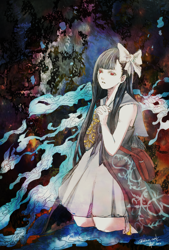 ruka (blueplus84), louise (nier), nier, nier (series), 1girl, bag, black hair, bow, dress, grey dress, hair bow, handbag, hands up, interlocked fingers, kneeling, long hair, own hands clasped, own hands together, parted lips, red bag, red eyes, solo, twitter username, white bow