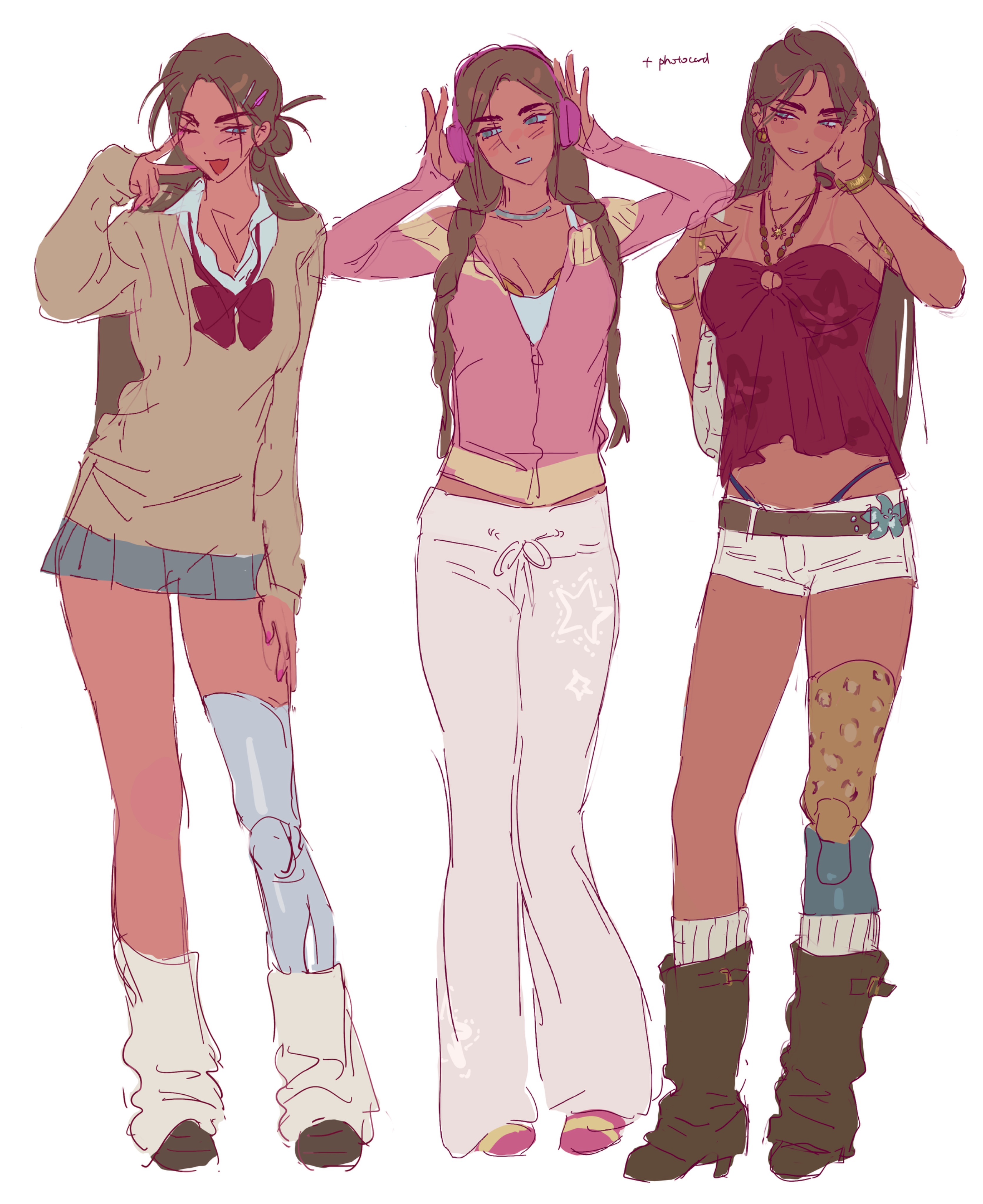 hyuna (alien stage), alien stage, absurdres, commentary, english commentary, highres, 1girl, alternate costume, animal print, belt, blue skirt, boots, bow, bowtie, braid, brown belt, brown boots, brown sweater, cardigan, dark-skinned female, dark skin, grey eyes, half updo, halter shirt, halterneck, headphones, katsksiii, leg warmers, leopard print, long hair, miniskirt, multiple views, one eye closed, pants, panty straps, pink cardigan, pink nails, prosthesis, prosthetic leg, red bow, red bowtie, red shirt, shirt, short shorts, shorts, sketch, skirt, socks, sweater, twin braids, v, very long hair, white leg warmers, white pants, white shorts, white socks