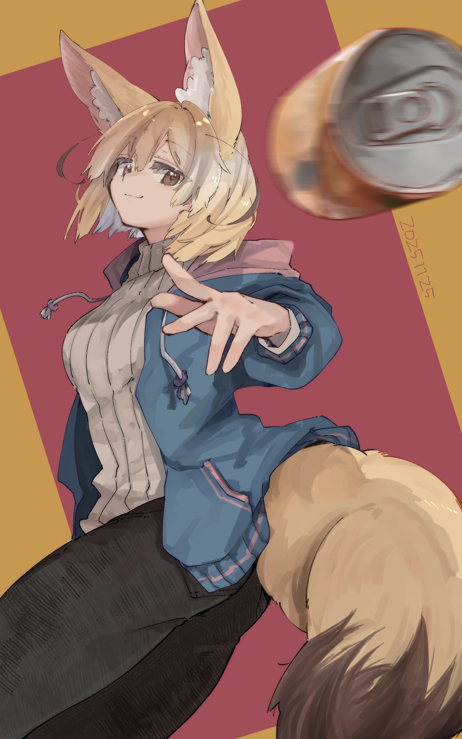nanana (nanana iz), fennec (kemono friends), kemono friends, highres, alternate costume, animal ears, black pants, blonde hair, blue coat, brown eyes, can, casual, coat, cowboy shot, drink can, extra ears, fox ears, fox girl, fox tail, hair between eyes, hood, hood down, long sleeves, looking at viewer, multicolored hair, open clothes, open coat, pants, pov, short hair, sidelocks, smile, soda can, sweater, tail, turtleneck, turtleneck sweater, white hair, white sweater
