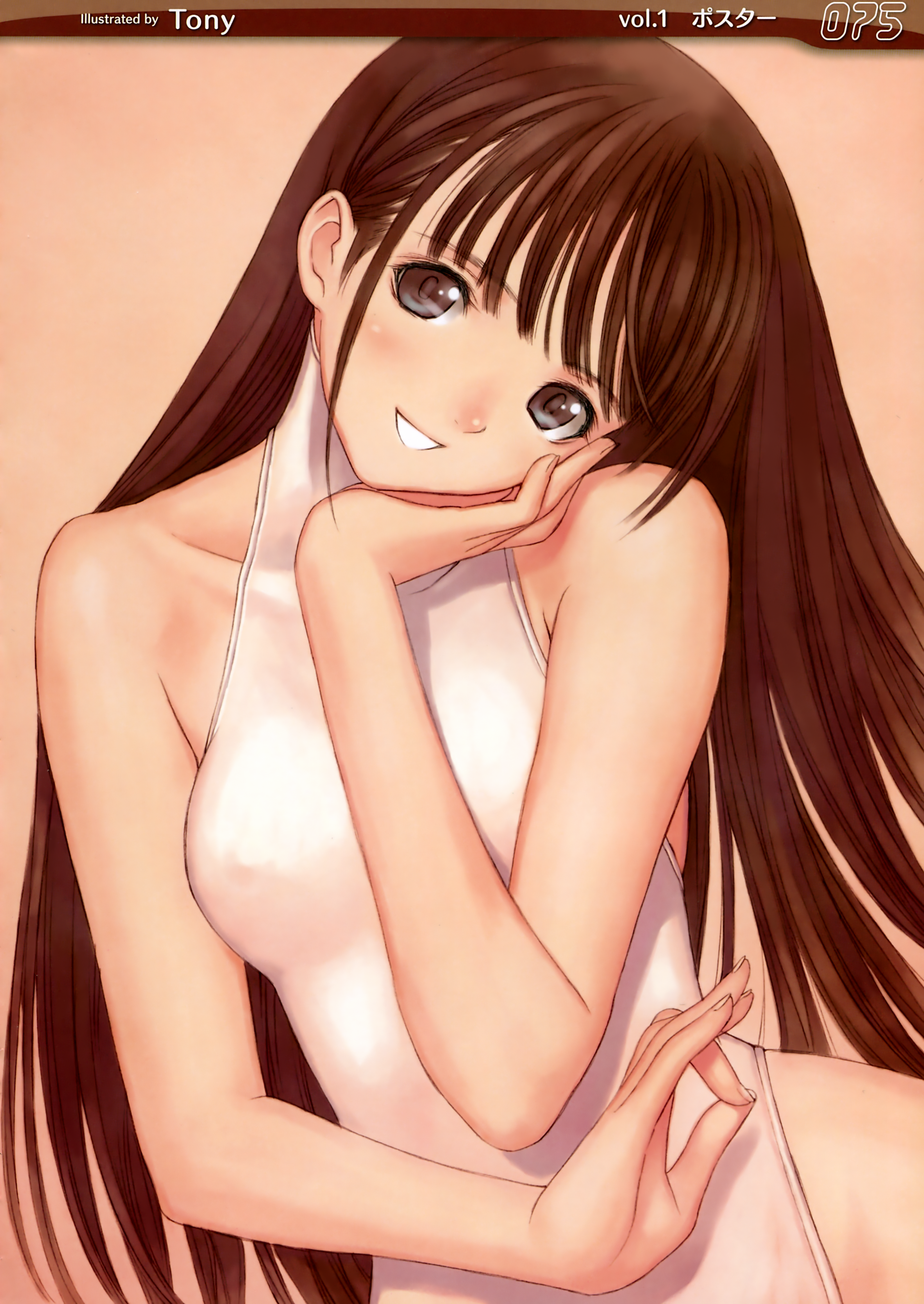 tony taka, absurdres, highres, huge filesize, 1girl, brown eyes, brown hair, female focus, long hair, one-piece swimsuit, smile, solo, swimsuit