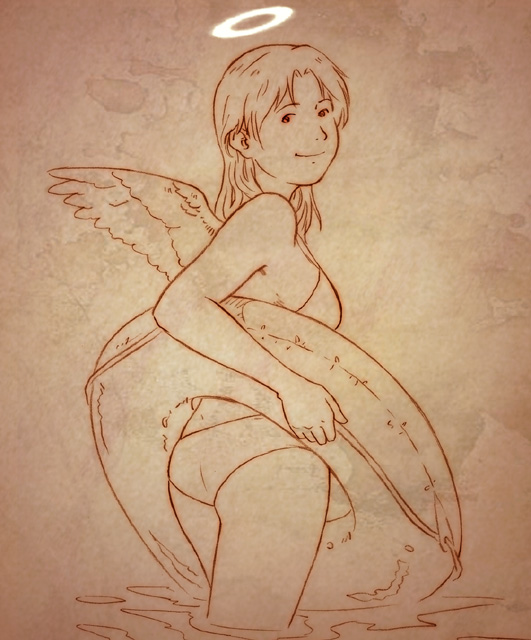 aaru sentou shuudan, nemu (haibane renmei), haibane renmei, 00s, 1girl, bare shoulders, bikini, female focus, halo, innertube, monochrome, orange theme, solo, swim ring, swimsuit, traditional halo, water, wings