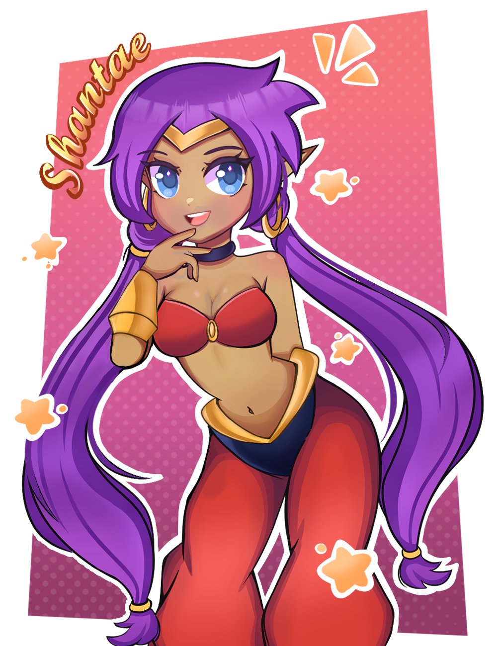 shantae, shantae (series), highres, 1girl, arabian clothes, bandeau, bare shoulders, blue eyes, blush, breasts, choker, cleavage, copitochanart, dancer, dark-skinned female, dark skin, earrings, harem outfit, harem pants, hoop earrings, jewelry, long hair, looking at viewer, medium breasts, navel, o-ring, o-ring top, open mouth, pants, pointy ears, purple hair, red bandeau, smile, solo, star (symbol), stomach, teeth, tiara, twintails, upper teeth only, very long hair