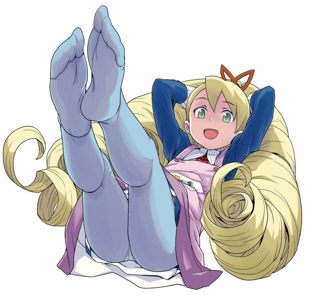 heriyama, luna platz (mega man), mega man (series), mega man star force (series), 1girl, apron, arms behind head, blonde hair, blue pantyhose, bow, drill hair, green eyes, hair bow, long hair, open mouth, panties, pantyhose, pantyshot, pink apron, simple background, smile, twin drills, underwear, very long hair, white background