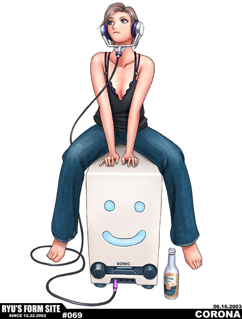 ryu (ryu's form site), 1girl, barefoot, bottle, brown hair, denim, female focus, full body, headphones, jeans, pants, solo, white background