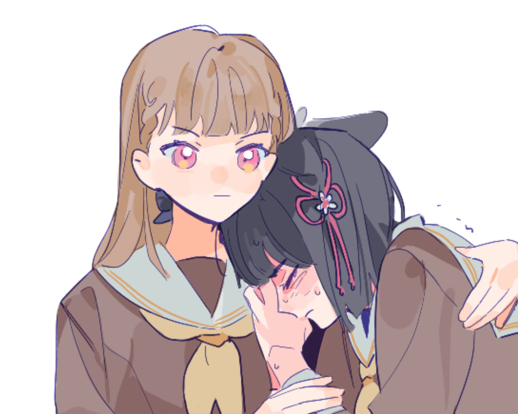 pipi (m1x mix), kachimachi kosuzu, momose ginko, link! like! love live!, love live!, commentary, highres, 2girls, :|, animal ears, black bow, black hair, bow, braid, brown hair, center-flap bangs, closed eyes, closed mouth, flower, flower knot, fox ears, hair bow, hair flower, hair ornament, hand on another's back, hasu no sora school uniform, head on another's shoulder, kemonomimi mode, long hair, multiple girls, pink eyes, school uniform, side braids, trembling, virtual youtuber, winter uniform