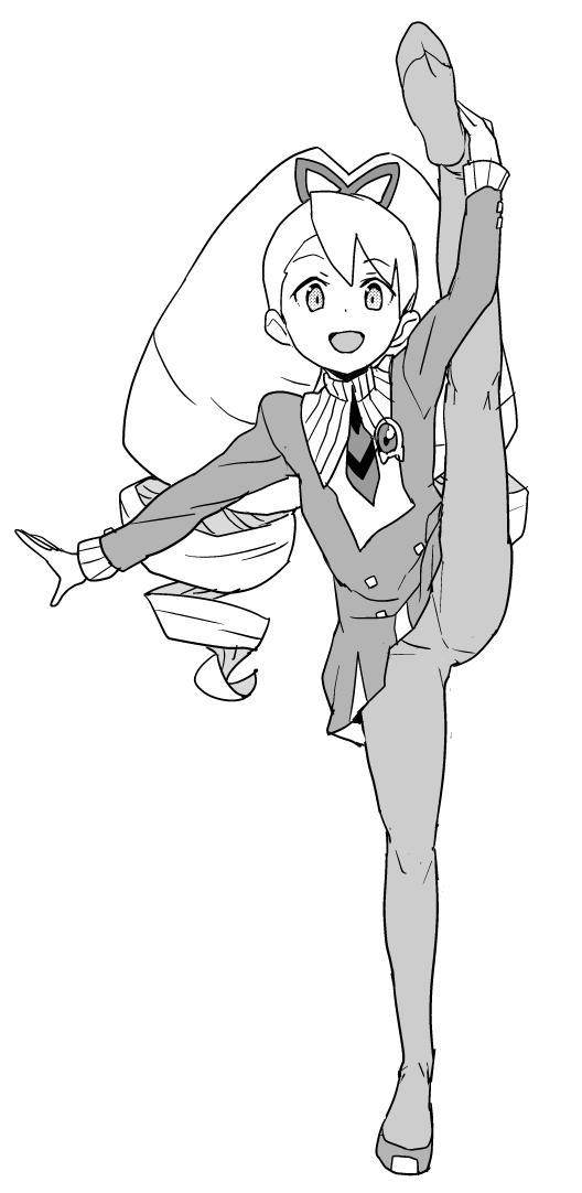 heriyama, luna platz (mega man), mega man (series), mega man star force (series), 1girl, bow, dress, drill hair, greyscale, hair bow, long hair, monochrome, open mouth, pantyhose, simple background, smile, split, standing, standing on one leg, standing split, twin drills, very long hair, white background