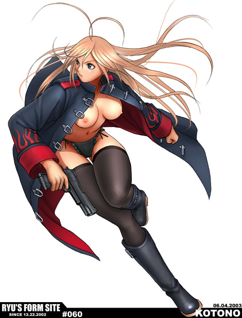 kotono, ryu (ryu's form site), original, 1girl, antenna hair, blonde hair, boots, breasts, cloak, female focus, gun, handgun, legs, long hair, nipples, panties, pistol, semi-automatic pistol, side-tie panties, solo, thighhighs, underwear, weapon
