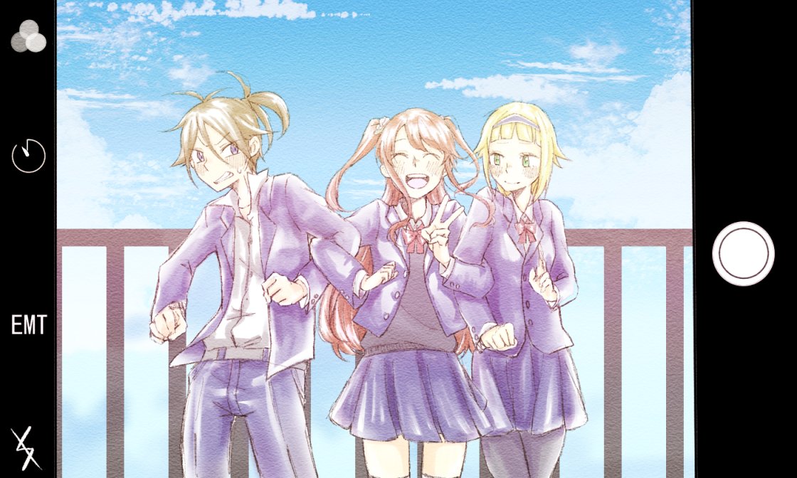 carol (re:zero), theresia van astrea, wilhelm (re:zero), re:zero kara hajimeru isekai seikatsu, 1boy, 1girl, 2girls, blonde hair, blue sky, blush, brown hair, camera phone, cellphone photo, closed eyes, green eyes, group picture, hairband, holding, long hair, multiple girls, nranta, phone, ponytail, pov, red hair, school uniform, selfie, short hair, skirt, sky, smile, v