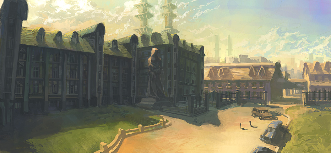 asterisk kome, original, architecture, building, car, city, gate, motor vehicle, no humans, road, scenery, statue, sunset, tower