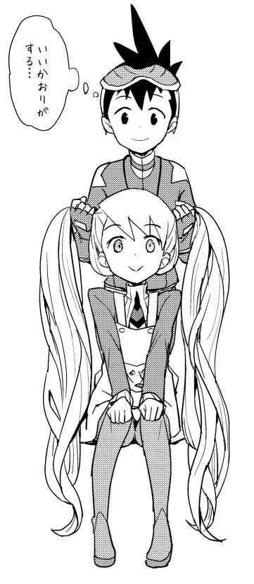 heriyama, geo stelar (mega man), luna platz (mega man), mega man (series), mega man star force (series), 1boy, 1girl, apron, eyewear on head, fingerless gloves, gloves, greyscale, holding another's hair, long hair, monochrome, simple background, sitting, speech bubble, thought bubble, very long hair, white background