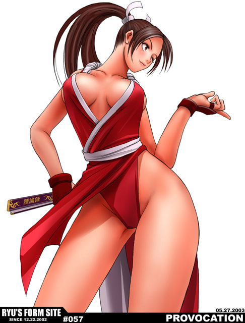 ryu (ryu's form site), shiranui mai, fatal fury, snk, the king of fighters, 1girl, brown hair, cowboy shot, dated, female focus, gloves, hand fan, high ponytail, holding, holding fan, long hair, pelvic curtain, ponytail, revealing clothes, simple background, solo, white background