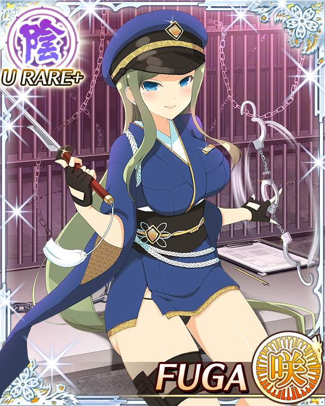 fuga (senran kagura), senran kagura, senran kagura new wave, game cg, official art, 1girl, baton (weapon), black panties, blue eyes, blue kimono, blue shirt, border, breasts, card (medium), character name, cleavage, clipboard, cuffs, english text, green hair, handcuffs, hat, holding, holding baton (weapon), holding handcuffs, japanese clothes, kimono, large breasts, long hair, looking at viewer, mole, mole under eye, official alternate costume, on finger, panties, parted lips, police, police hat, police uniform, policewoman, prison cell, shirt, sitting, smile, solo, spinning, swept bangs, underwear, weapon