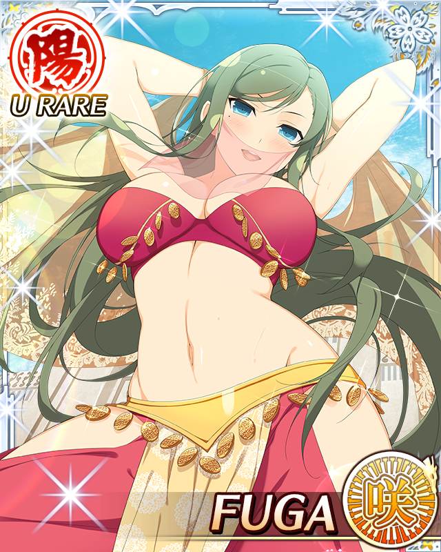 fuga (senran kagura), senran kagura, senran kagura new wave, game cg, official art, 1girl, arabian clothes, arms behind head, arms up, belly dancing, blue eyes, border, breasts, card (medium), character name, cleavage, dancer, english text, green hair, harem outfit, large breasts, long hair, looking at viewer, midriff, mole, mole under eye, mouth veil, navel, official alternate costume, open mouth, smile, solo, swept bangs, veil