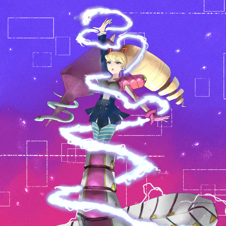 byte (grunty-hag1), luna platz (mega man), queen ophiuca (mega man), mega man (series), mega man star force (series), 1girl, arm up, blonde hair, blue dress, blue pantyhose, dress, drill hair, em wave change (mega man), gloves, green eyes, henshin, long hair, pantyhose, purple gloves, striped clothes, striped pantyhose, twin drills, two-tone background, very long hair