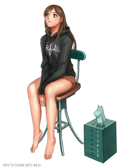 ryu (ryu's form site), moomintroll, mumintrollet, moomin, original, 1girl, barefoot, brown eyes, brown hair, chair, feet, female focus, full body, hood, hoodie, legs, lips, long hair, long legs, sitting, solo