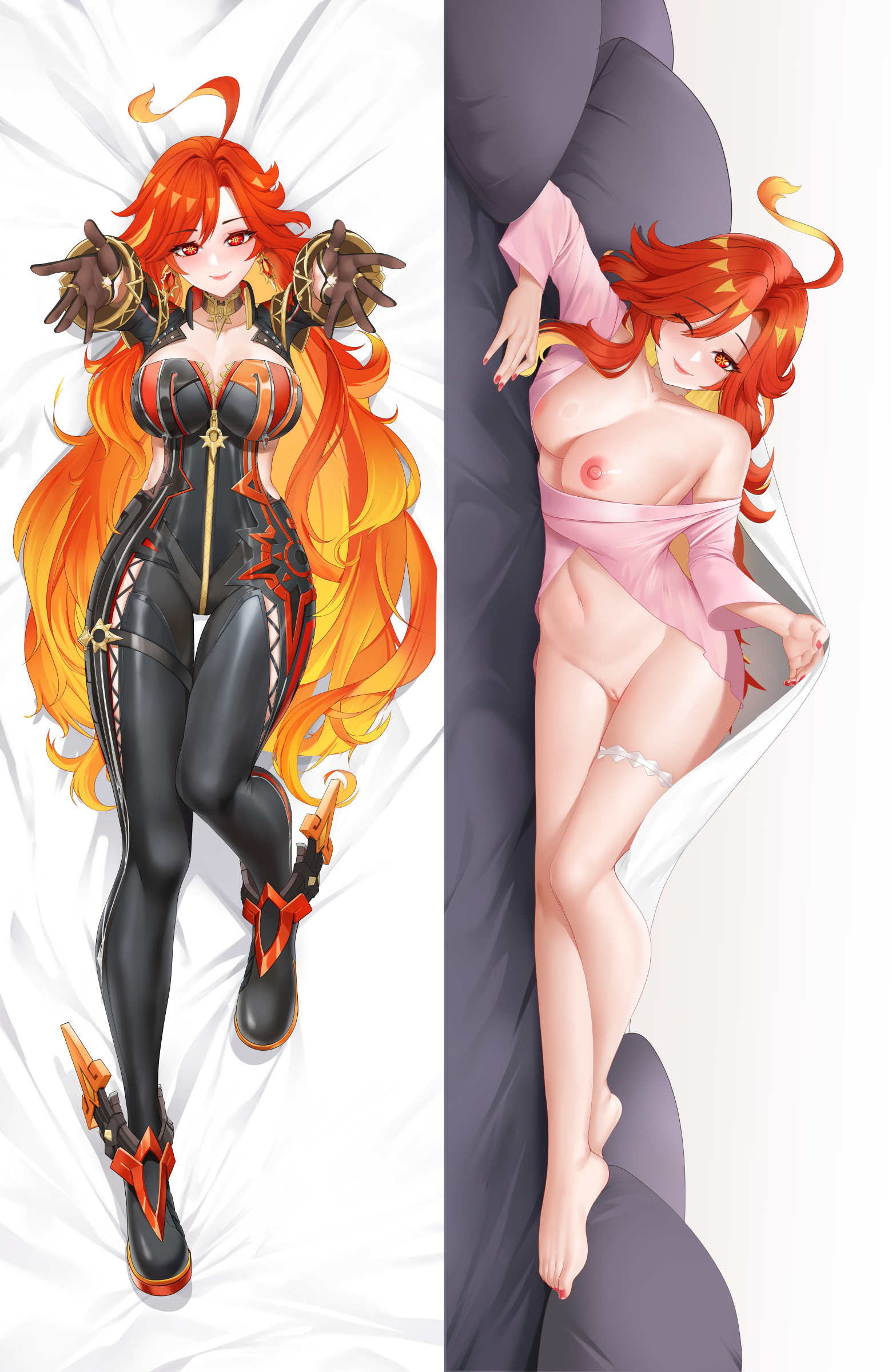 washout008, mavuika (genshin impact), genshin impact, absurdres, commentary, commission, highres, 1girl, ahoge, barefoot, black bodysuit, bodysuit, breasts, brown gloves, closed mouth, dakimakura (medium), eyes visible through hair, full body, gloves, knee up, large breasts, long hair, lying, multiple views, navel, nipples, on back, on side, one eye closed, orange hair, pink shirt, pussy, reaching, reaching towards viewer, red eyes, shirt, smile, thigh strap, uncensored, under covers, very long hair