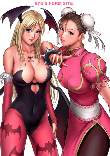 ryu (ryu's form site), chun-li, morrigan aensland, capcom, darkstalkers, street fighter, print legwear, 2girls, alternate color, animal print, bare shoulders, bat print, bat wings, blonde hair, blue eyes, bracelet, breasts, bridal gauntlets, brown eyes, brown hair, bun cover, china dress, chinese clothes, cleavage, clothing cutout, company connection, crossover, cutout above navel, demon girl, double bun, dress, earrings, fur trim, hair bun, head wings, heart, jewelry, large breasts, leotard, lipstick, loincloth, long hair, makeup, multiple girls, orange eyes, pantyhose, patterned legwear, pelvic curtain, pink pantyhose, pointing, ribbon, short hair, simple background, smile, spiked bracelet, spikes, standing, tattoo, turtleneck, wings