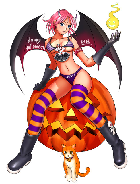 ryu (ryu's form site), multicolored legwear, 1girl, bat wings, bikini, boots, breasts, cat, female focus, full body, gloves, halloween, happy halloween, horns, jack-o'-lantern, large breasts, pink hair, pumpkin, solo, striped bikini, striped clothes, striped thighhighs, swimsuit, thighhighs, underboob, white background, wings
