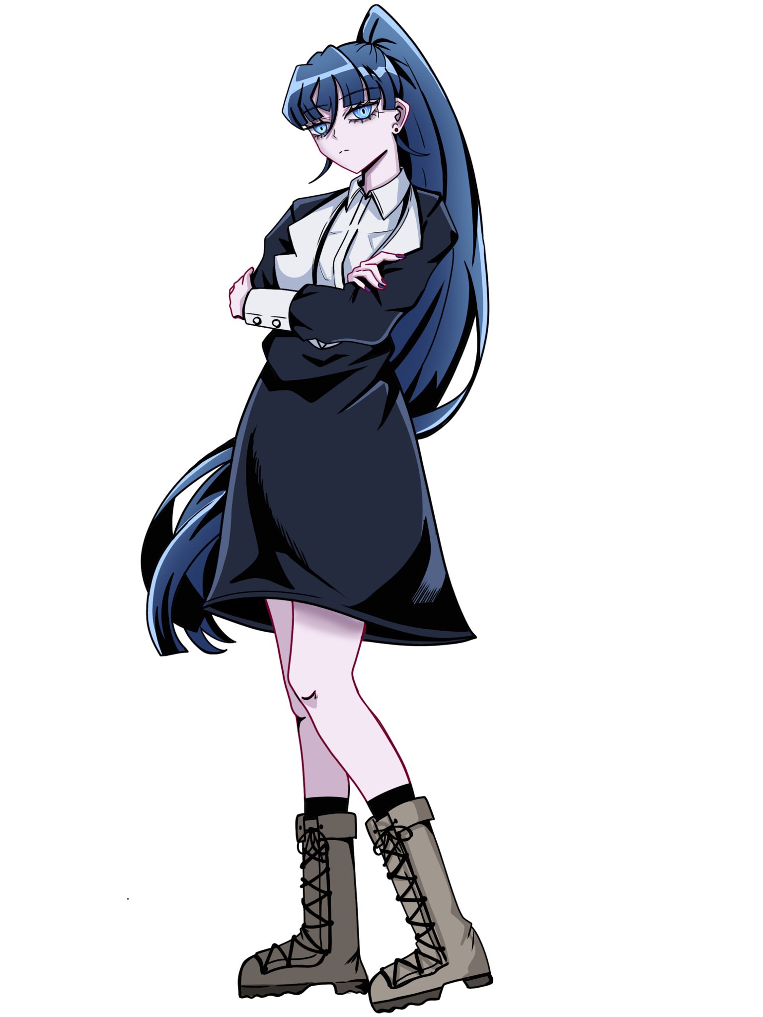 tone (tone0604), chando (ado), ado (utaite), commentary request, highres, 1girl, black dress, blue hair, boots, brown boots, crossed arms, dress, full body, long hair, open mouth, simple background, solo, utaite, white background