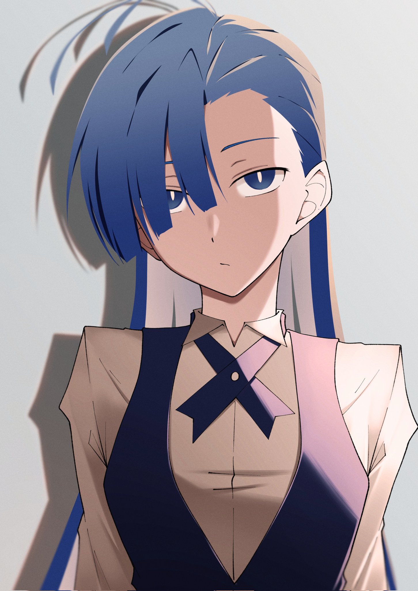 nori (norinori yrl), merry (ado), ado (utaite), readymade (ado), commentary request, highres, 1girl, blue eyes, blue hair, blue ribbon, blue vest, closed mouth, dress shirt, grey background, looking at viewer, neck ribbon, ribbon, shadow, shirt, solo, vest, white shirt