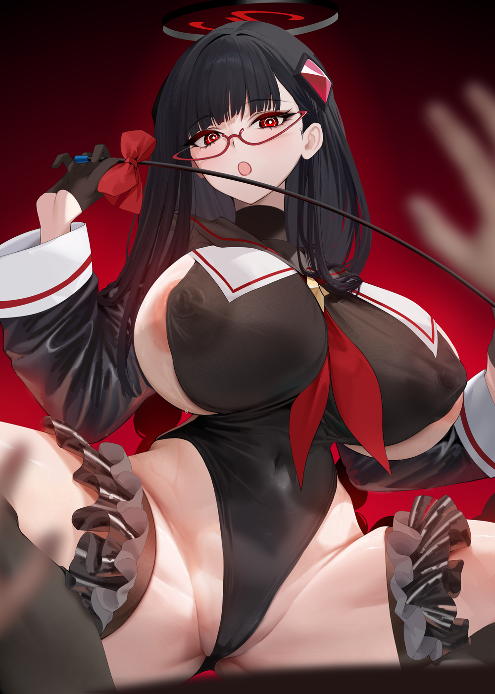 xiujia yihuizi, rio (blue archive), shimiko (blue archive), shimiko (magical) (blue archive), blue archive, highres, 1girl, areola slip, black gloves, black hair, black leotard, black sailor collar, black shrug, black thighhighs, blush, bow, braid, breast curtains, breasts, cosplay, covered erect nipples, covered navel, frills, garter straps, glasses, gloves, hair bow, hair ornament, half gloves, halo, highleg, highleg leotard, large breasts, leotard, long hair, long sleeves, looking at viewer, neckerchief, open mouth, red eyes, riding crop, sailor collar, shimiko (blue archive) (cosplay), shrug (clothing), solo focus, spread legs, squatting, thighhighs, twin braids