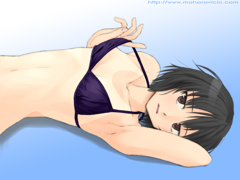 kujou hyotarouo, nanasaki ai, amagami, 1girl, arm behind head, armpits, bikini, bikini pull, bikini top only, black hair, blue background, brown eyes, clothes pull, female focus, flat chest, gradient background, lying, on back, one-piece tan, open mouth, presenting tanlines, pulling own clothes, purple bikini, purple eyes, short hair, simple background, solo, strap lift, swimsuit, tan, tanline, tanlines, watermark, web address