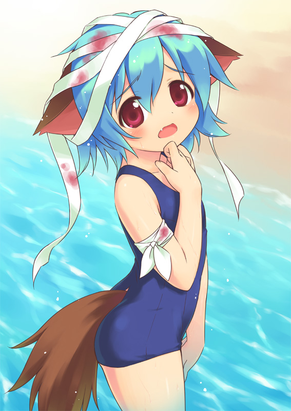 inou shin, mochizuka yuuma, doki doki majo shinpan, 1boy, animal ears, bandages, beach, blood, blue hair, blush, child, day, dog ears, dog tail, fang, male focus, one-piece swimsuit, outdoors, red eyes, school swimsuit, short hair, solo, swimsuit, tail, trap, wading, water, wet