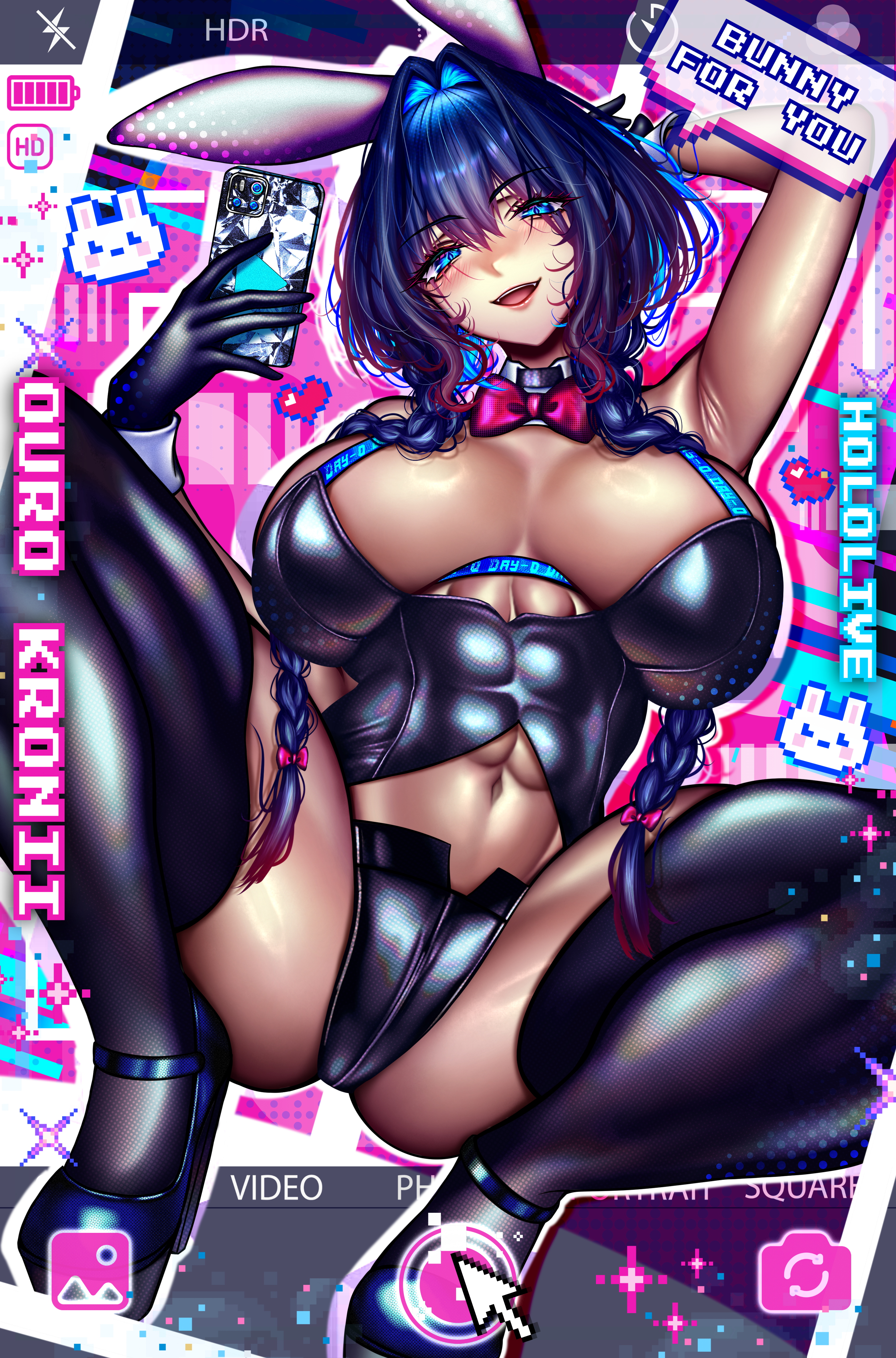 day-0, ouro kronii, hololive, hololive english, absurdres, commentary, english commentary, highres, 1girl, alternate costume, animal ear hairband, animal ears, bare shoulders, battery, battery indicator, black thighhighs, blue eyes, blue hair, blue shoes, blush, bow, bowtie, breasts, camera, camera phone, cellphone, character name, cleavage, copyright name, detached collar, fake animal ears, gloves, hair intakes, hairband, high heels, highleg, holding, holding phone, huge breasts, iphone, large breasts, long hair, looking at viewer, multicolored hair, navel, open mouth, phone, playboy bunny, rabbit ear hairband, rabbit ears, shoes, single glove, smartphone, smile, solo, squatting, thighhighs, two-tone hair, virtual youtuber, white wrist cuffs, wrist cuffs