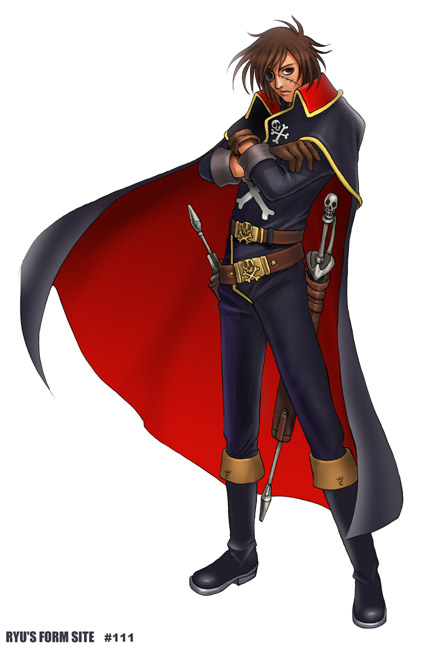 ryu (ryu's form site), harlock, harlock saga, space pirate, uniform, 1980s (style), 1970s (style), 1990s (style), 1boy, belt, boots, brown eyes, brown hair, cape, crossed arms, energy gun, eyepatch, full body, gloves, gun, handgun, holster, jolly roger, knee boots, male focus, oldschool, pirate, pistol, rapier, ray gun, retro artstyle, scar, science fiction, simple background, solo, standing, sword, weapon