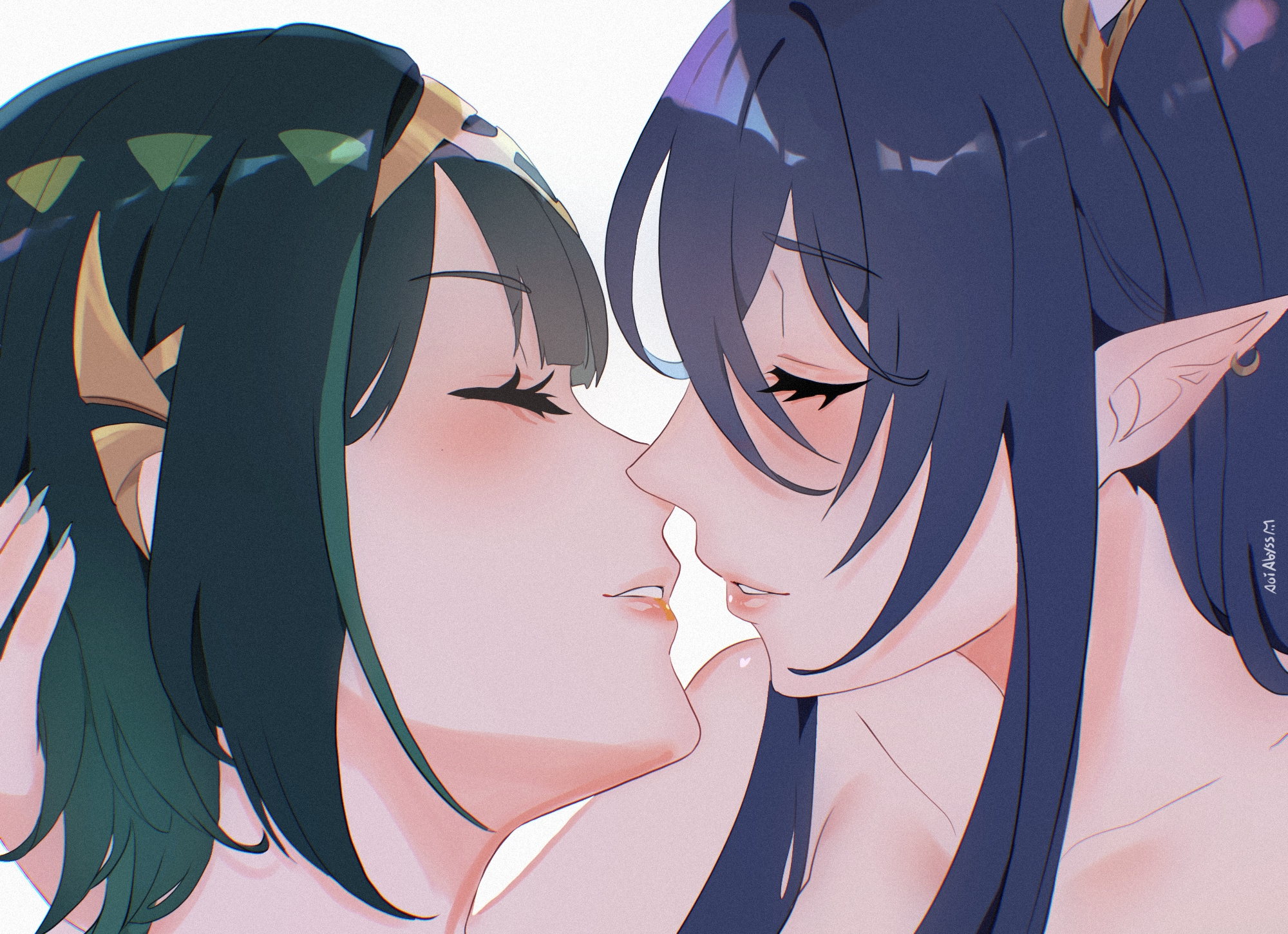 aoiabyss, lauma (genshin impact), nefer (genshin impact), genshin impact, commentary, highres, 2girls, artist name, closed eyes, green hair, hand on another's head, imminent kiss, long hair, multiple girls, nude, parted lips, pointy ears, portrait, purple hair, short hair, simple background, white background, yuri