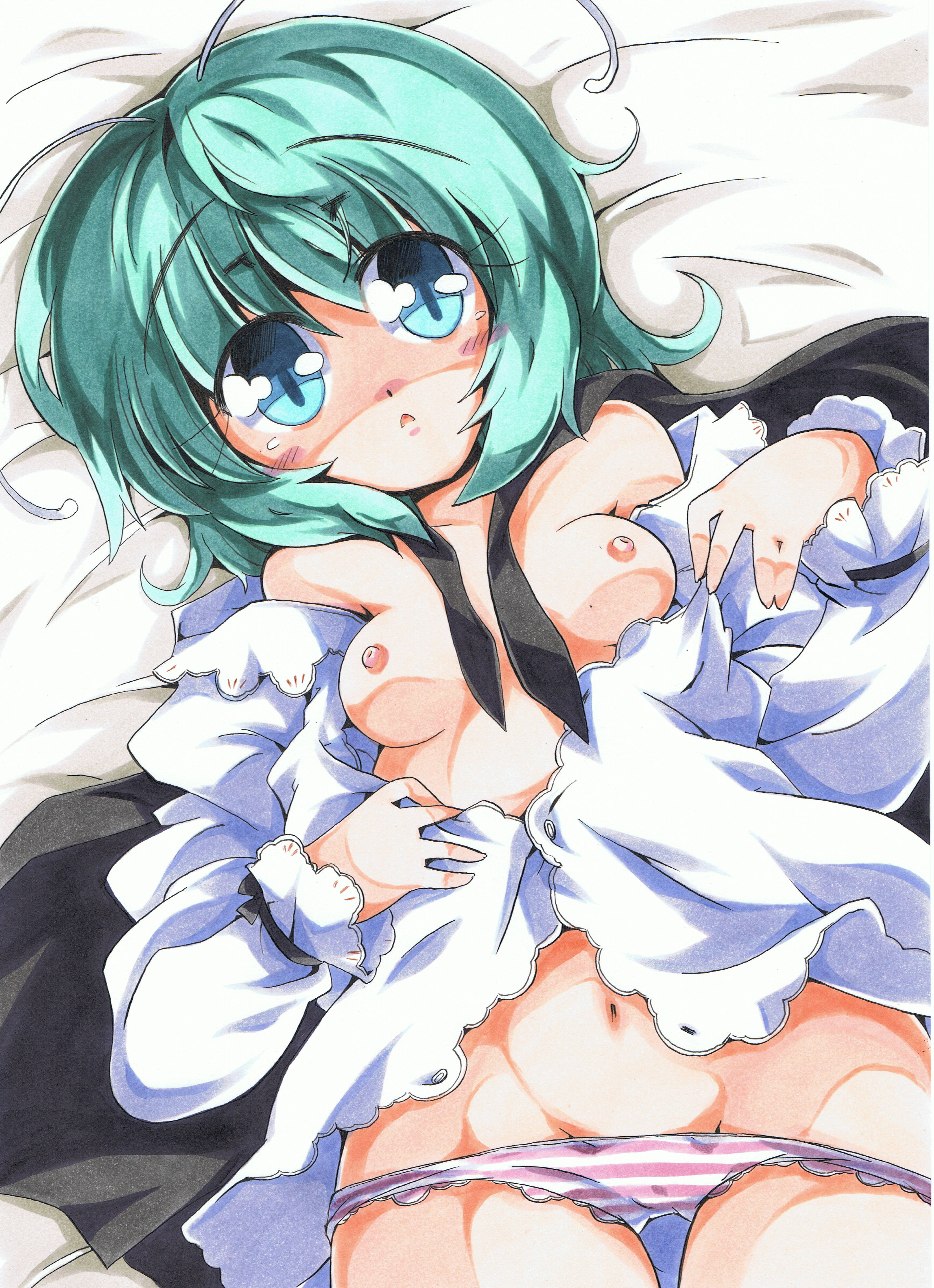 milkpanda, wriggle nightbug, touhou, absurdres, highres, marker (medium), traditional media, 1girl, antennae, bare shoulders, blue eyes, bottomless, breasts, cape, female focus, green hair, lying, nipples, no pants, open clothes, open shirt, panties, shirt, solo, striped clothes, striped panties, underwear