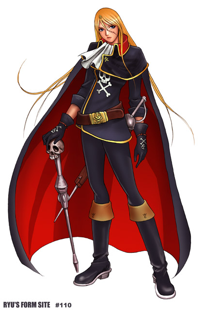 ryu (ryu's form site), emeraldas, harlock saga, queen emeraldas, waga seishun no arcadia, space pirate, 1980s (style), 1970s (style), 1990s (style), 1girl, belt, blonde hair, boots, cape, energy gun, female focus, gloves, gun, holster, jolly roger, knee boots, long hair, oldschool, pirate, rapier, ray gun, retro artstyle, scar, science fiction, skull, skull and crossbones, solo, staff, sword, weapon