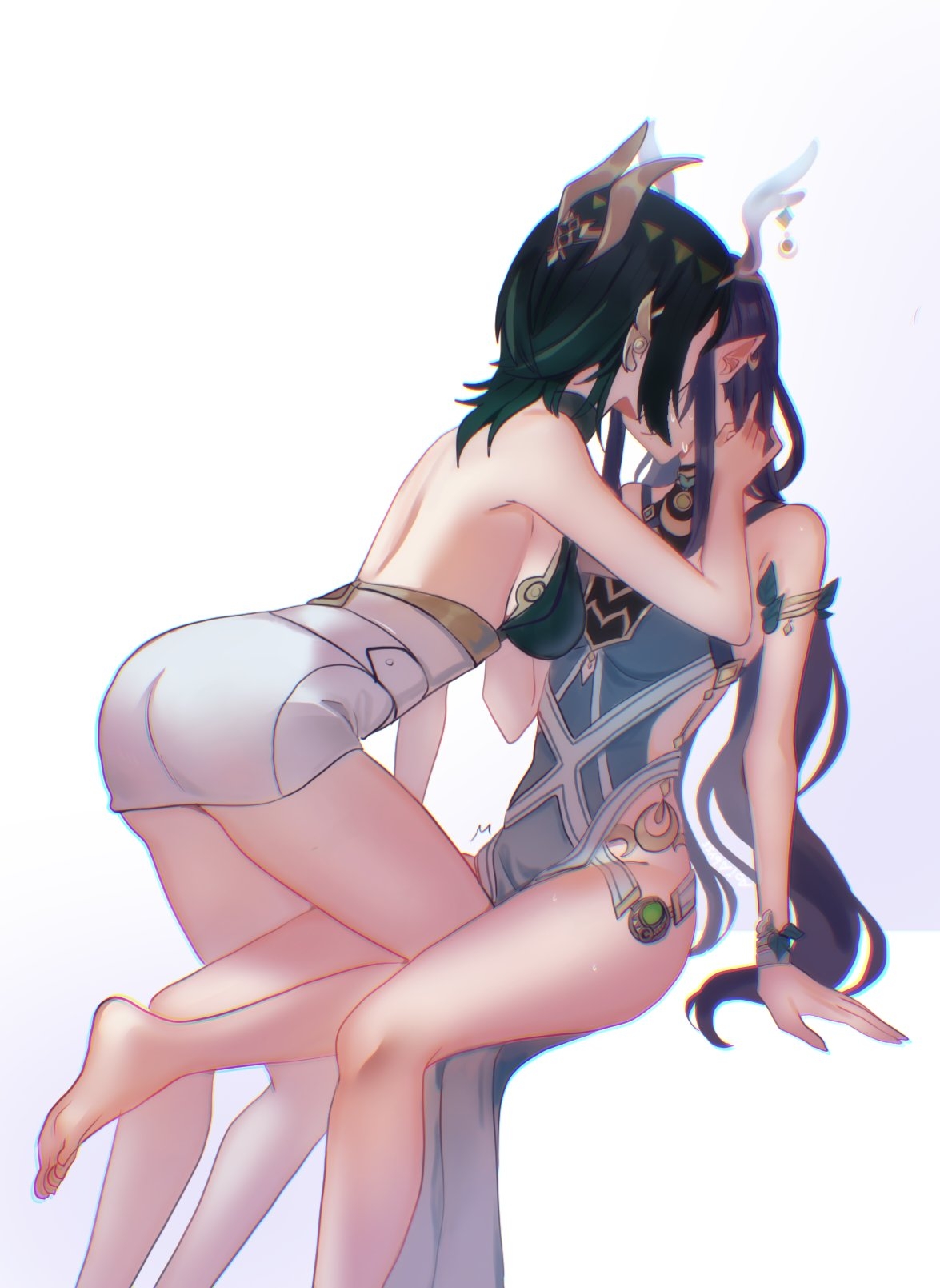 aoiabyss, lauma (genshin impact), nefer (genshin impact), genshin impact, commentary, highres, 2girls, bare arms, bare legs, bare shoulders, barefoot, blue dress, breasts, dress, earrings, green hair, hand in another's hair, horns, jewelry, kiss, kissing cheek, leg between thighs, legs, long hair, multiple girls, pointy ears, purple background, purple hair, side slit, skirt, soles, sweat, toes, white background, white skirt, yuri