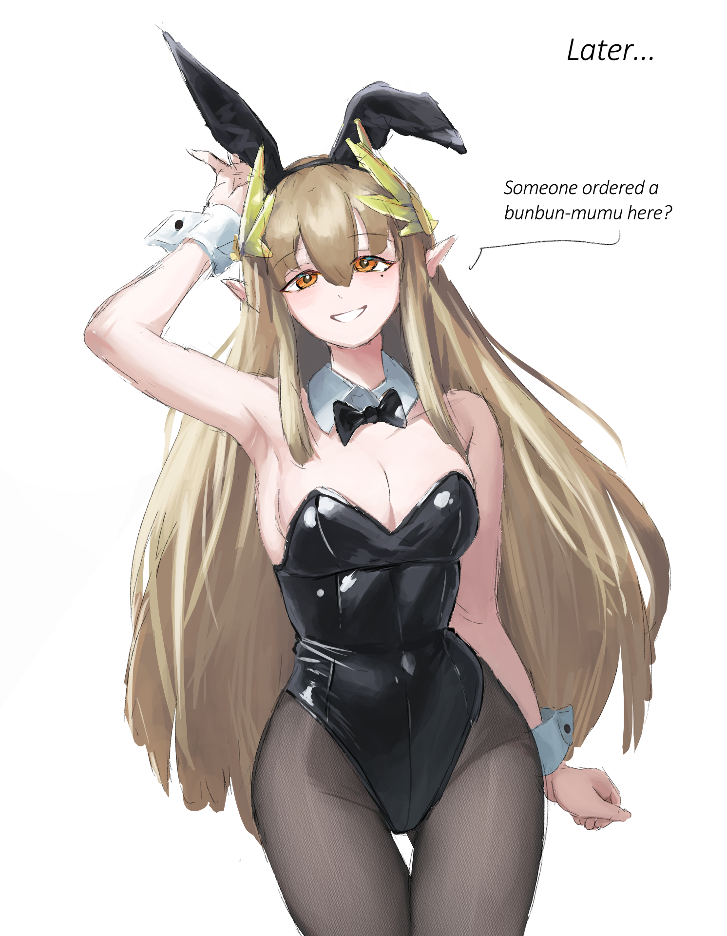 cyczen, muelsyse (arknights), arknights, commentary, english commentary, highres, 1girl, alternate breast size (larger), animal ears, arm up, black leotard, black pantyhose, breasts, brown hair, elf, fake animal ears, large breasts, leotard, long hair, mole, mole under eye, open mouth, orange eyes, pantyhose, playboy bunny, pointy ears, rabbit ears, simple background, solo, strapless, strapless leotard, thigh gap, white background, white wrist cuffs, wrist cuffs