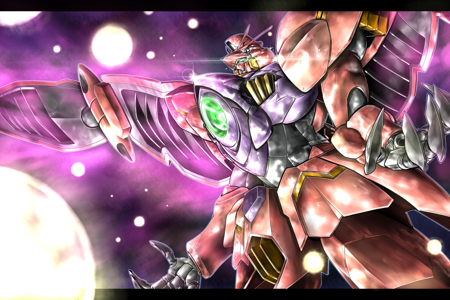 gomibako (shirokumatei), gundam legilis, gundam, gundam age, green eyes, gundam legilis (memory of eden), humanoid robot, letterboxed, light particles, mecha, mechanical wings, mobile suit, no humans, outside border, robot, science fiction, solo, space, v-fin, wings